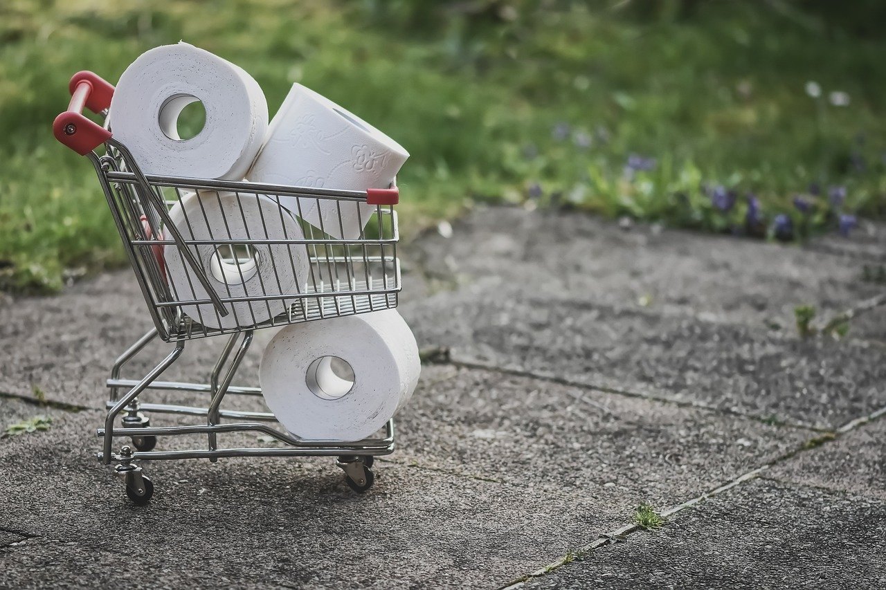 Small shopping trolley with toilet rolls