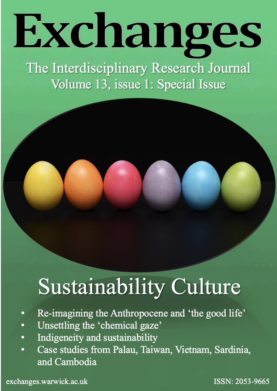 The cover of Exchanges volume 13, issue 1, special issue on Sustainability Culture, which features an image of rainbow coloured eggs on a green background
