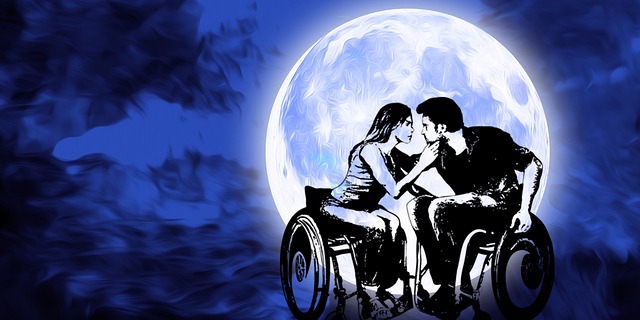 A man and woman embrace beneath a giant moon