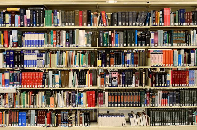 A row of library book shelves