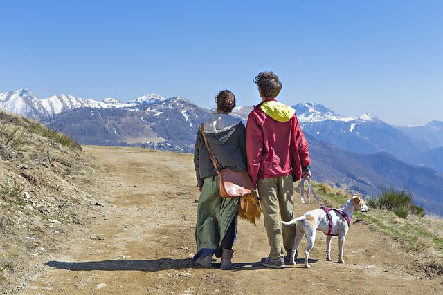 A couple walking the foothills of a mountain range, accompanied by a dog