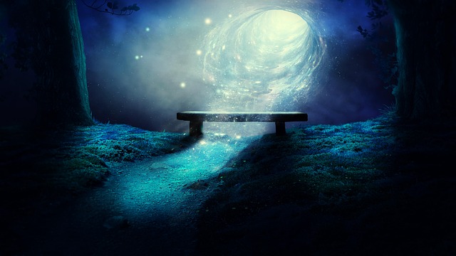A bench shrouded in darkness and illuminated only by a swirling vortex