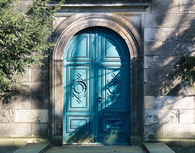 An ornate blue doorway