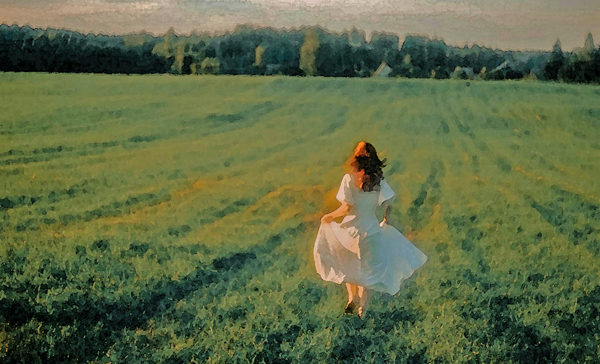 A woman runs across a field of grass in a painting