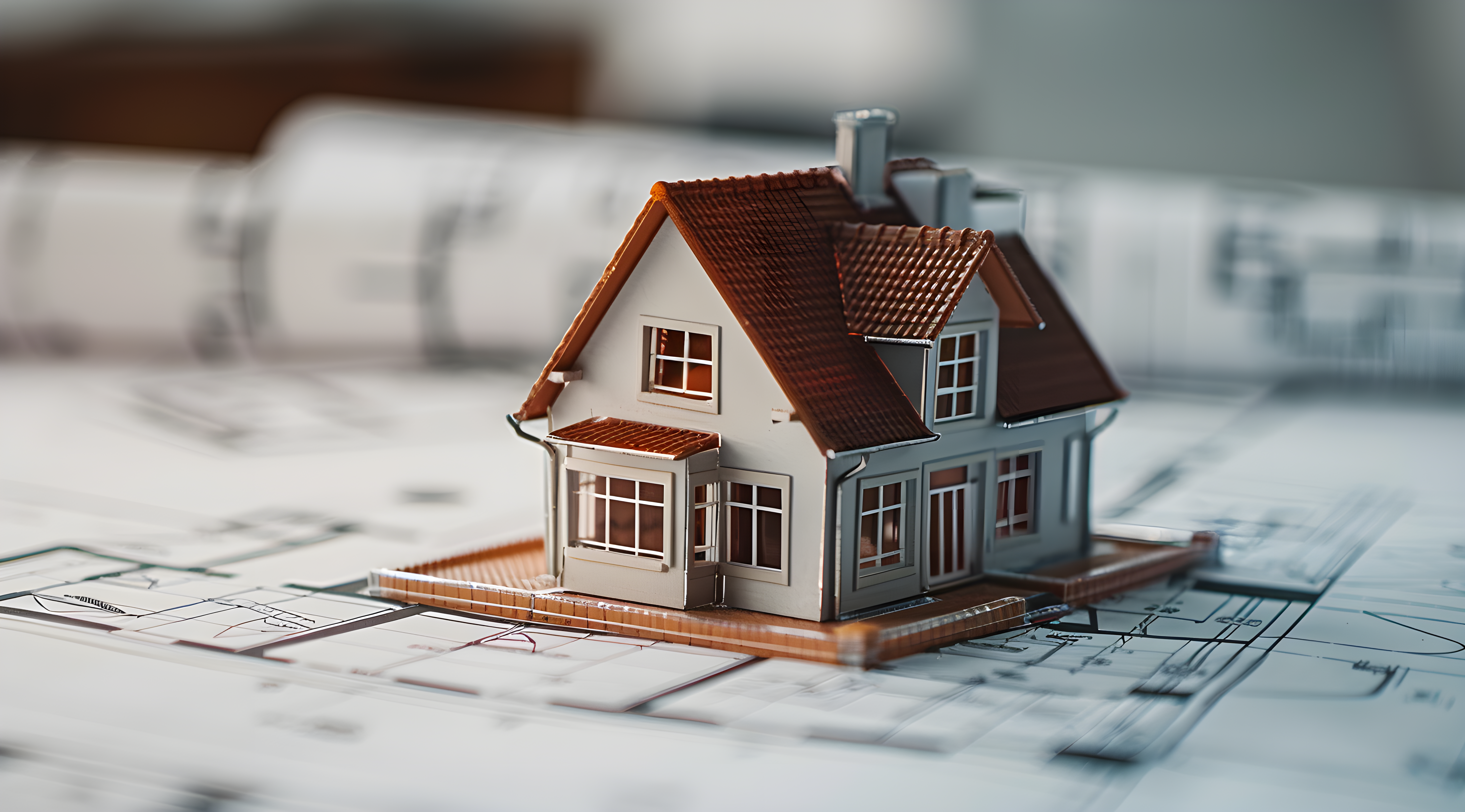 a small model of a house with many windows and a chimney resting on architectural plans
