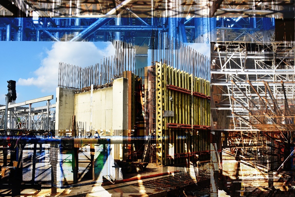 Afterimage 1: A composite image of a university building's foundations being constructed