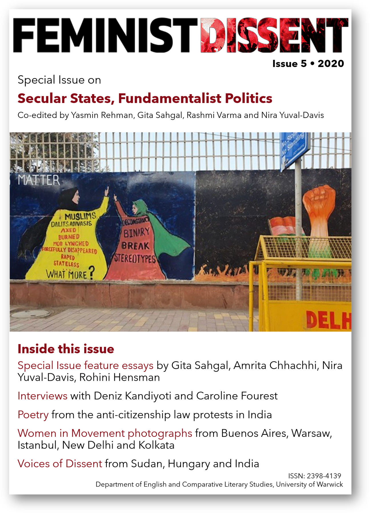 Feminist Dissent, Issue 5, 2020. Special Issue on Secular States, Fundamnetalist Politics, front cover. Image: Murals at Shaheen Bagh by Shirin Rai.